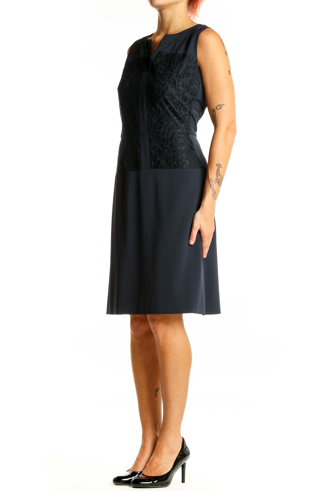 Front view of Ann Taylor black sleeveless dress with lace panel bodice