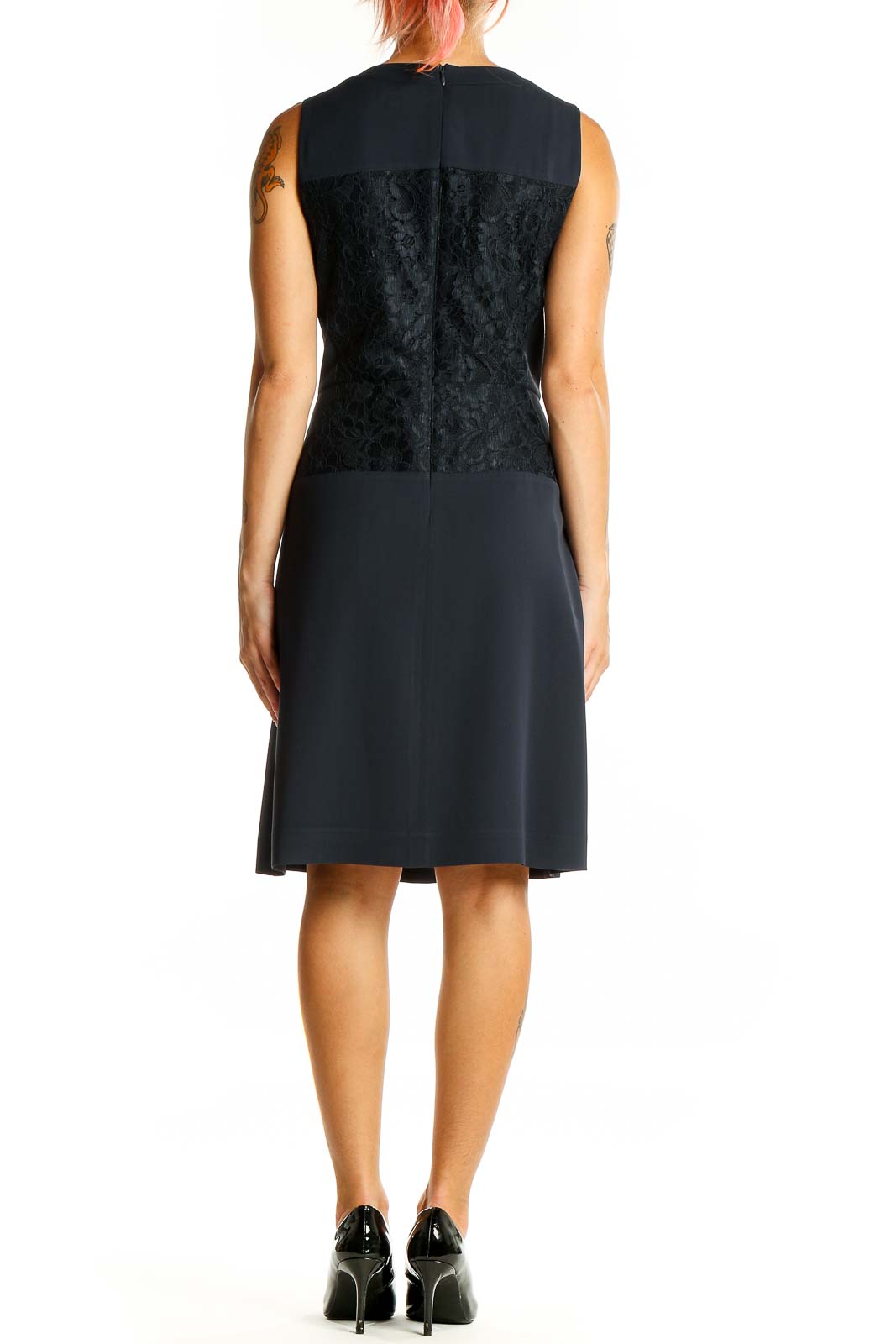 Back view of Ann Taylor black dress showing lace detail and zipper closure