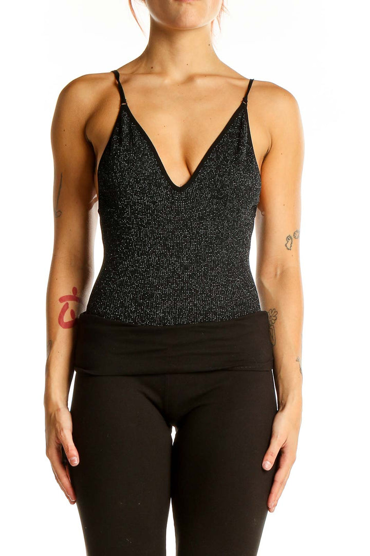 Front view of black sparkly plunge bodysuit with V-neckline