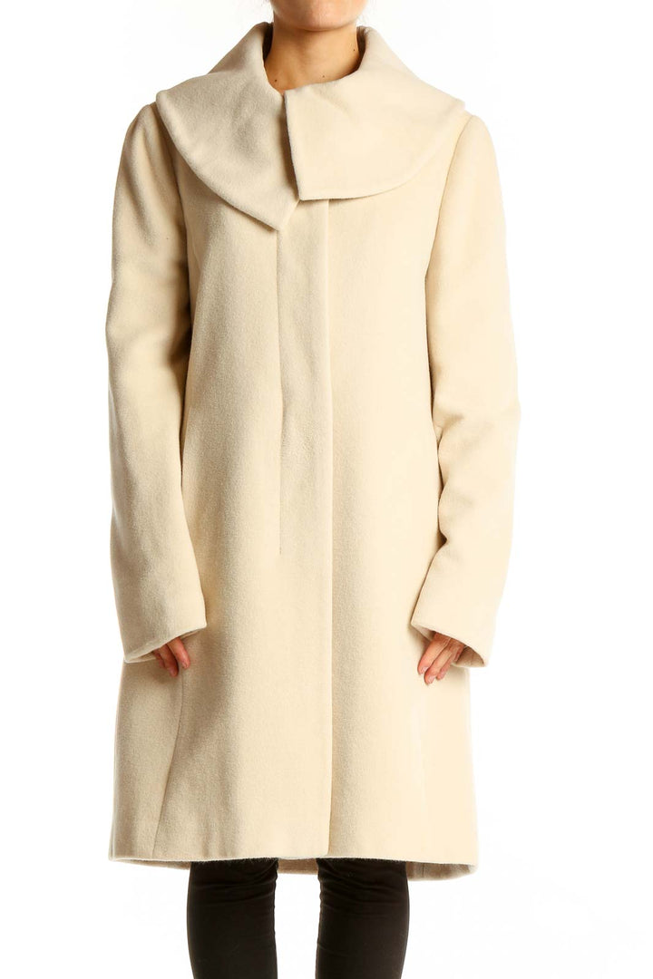 Front view of Ann Taylor cream wrap coat with oversized collar