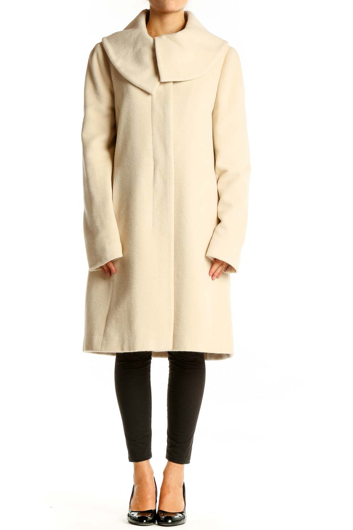 Front view of Ann Taylor cream wrap coat with oversized collar