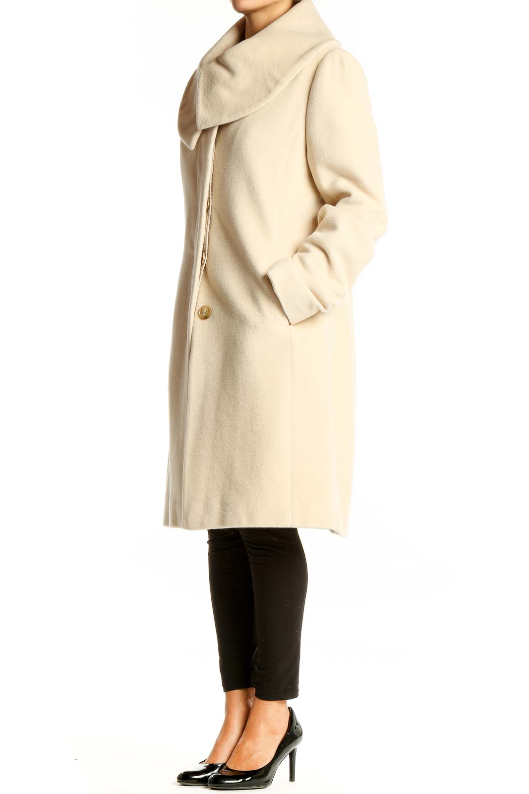 Front view of Ann Taylor cream wrap coat with oversized collar