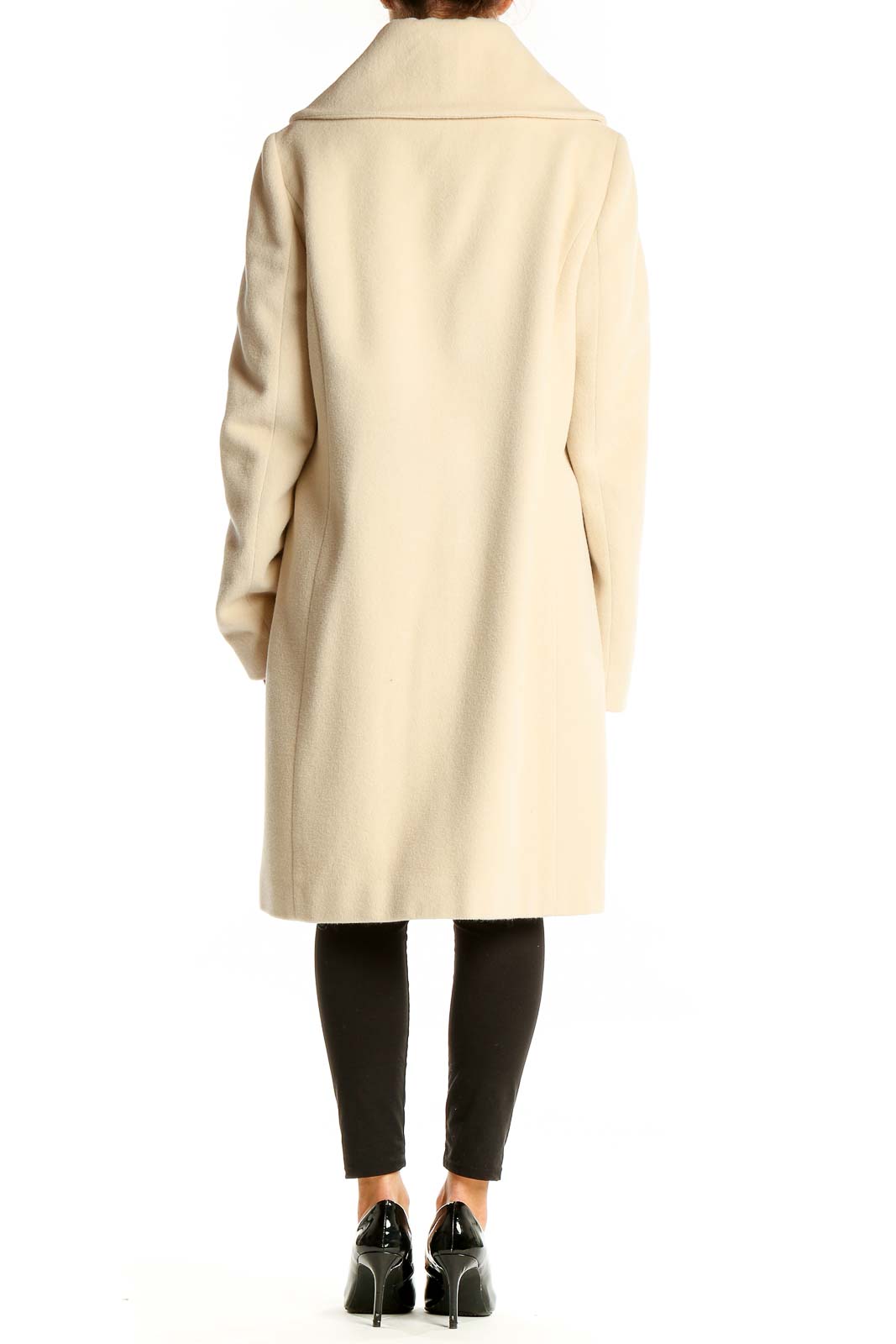 Back view of Ann Taylor cream wrap coat showing clean lines and knee-length cut