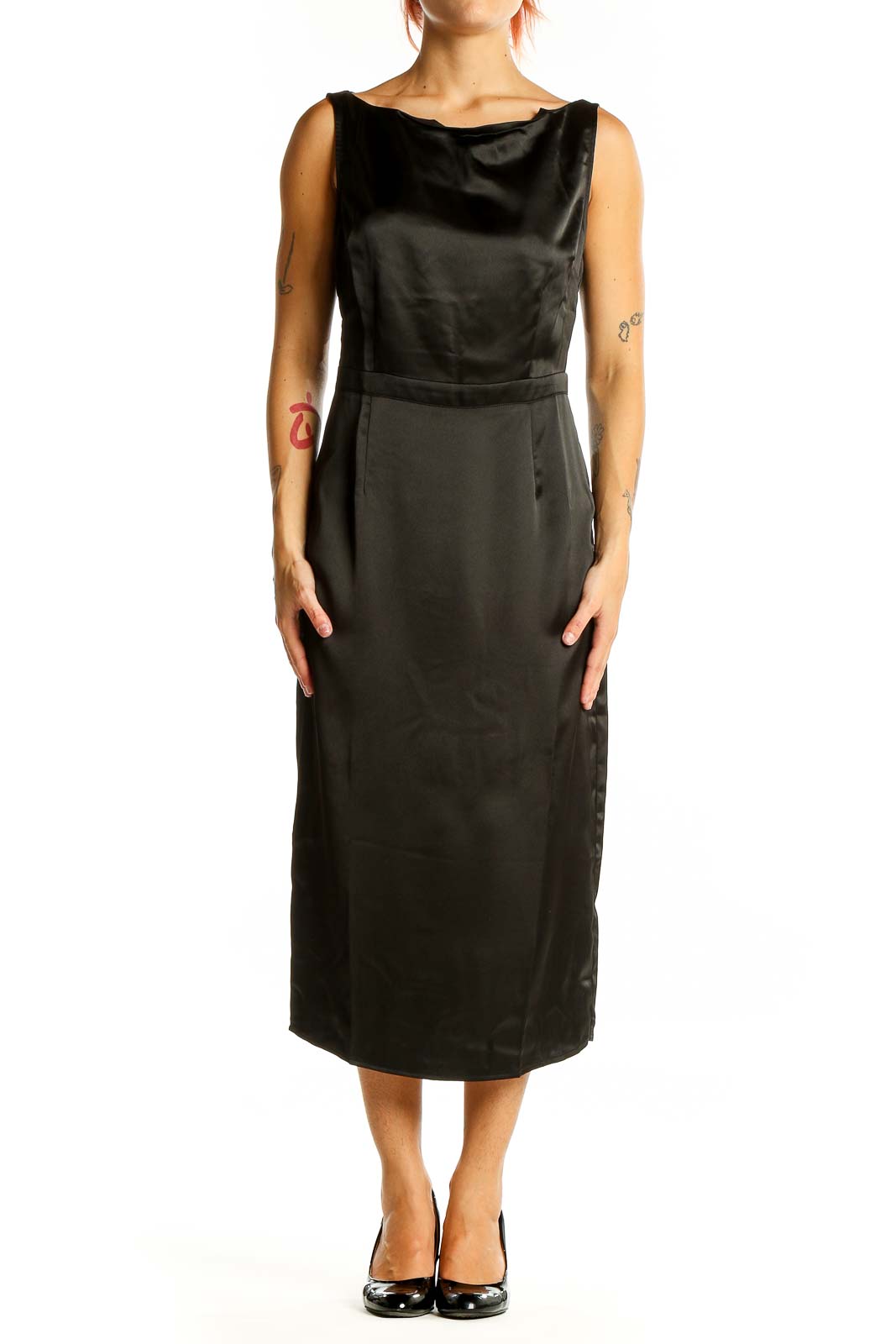 Front view of Rihoas black midi cocktail dress with boat neckline