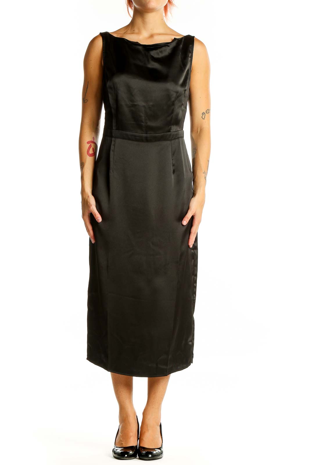 Front view of Rihoas black midi cocktail dress with boat neckline