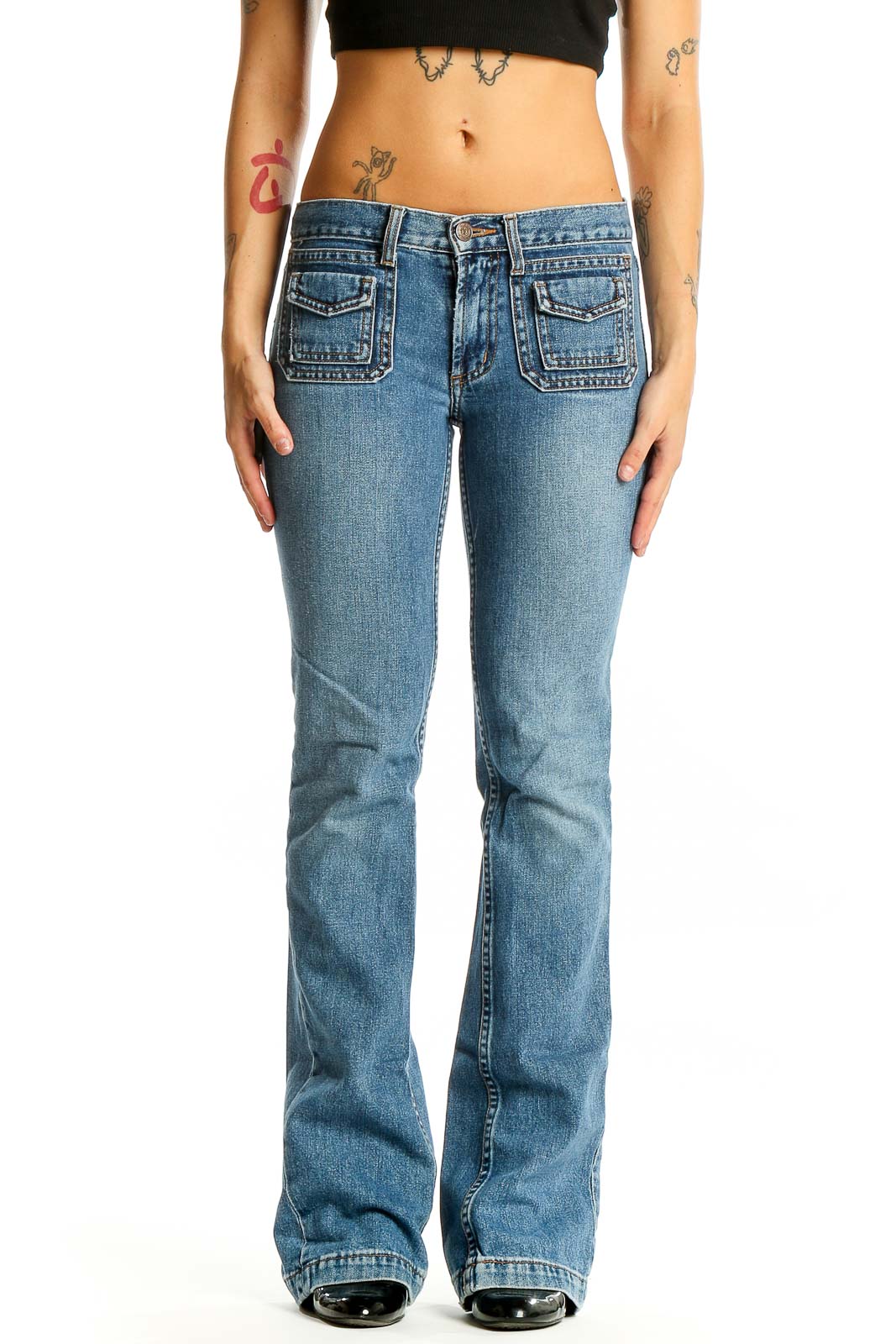 Front view of Earl Jeans blue flared denim jeans with patch pockets