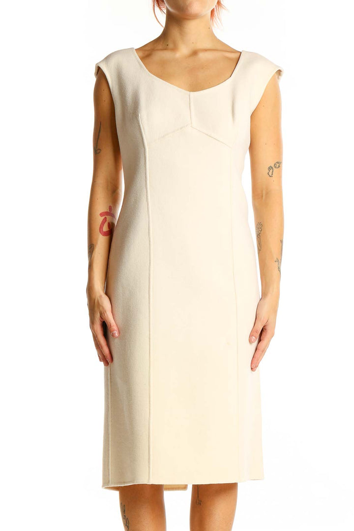 Front view of Talbots cream wool sheath dress with cap sleeves