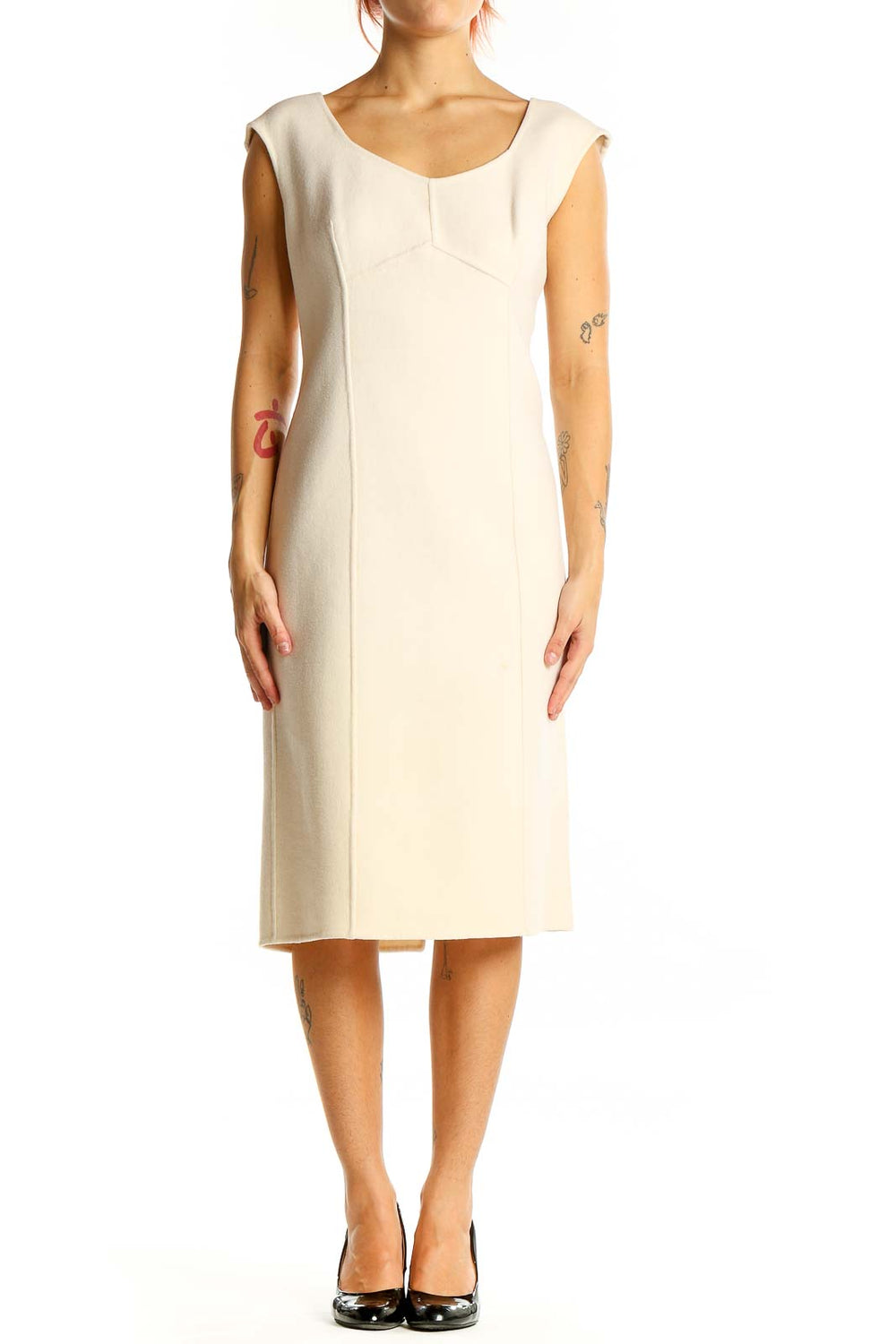 Front view of Talbots cream wool sheath dress with cap sleeves