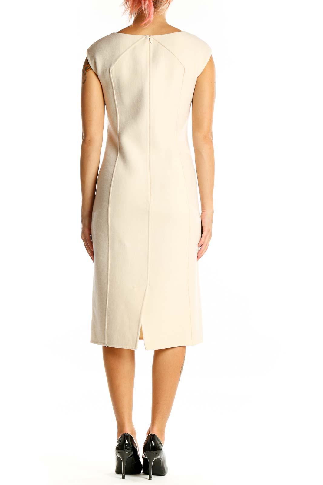 Back view of Talbots cream wool sheath dress showing tailored fit