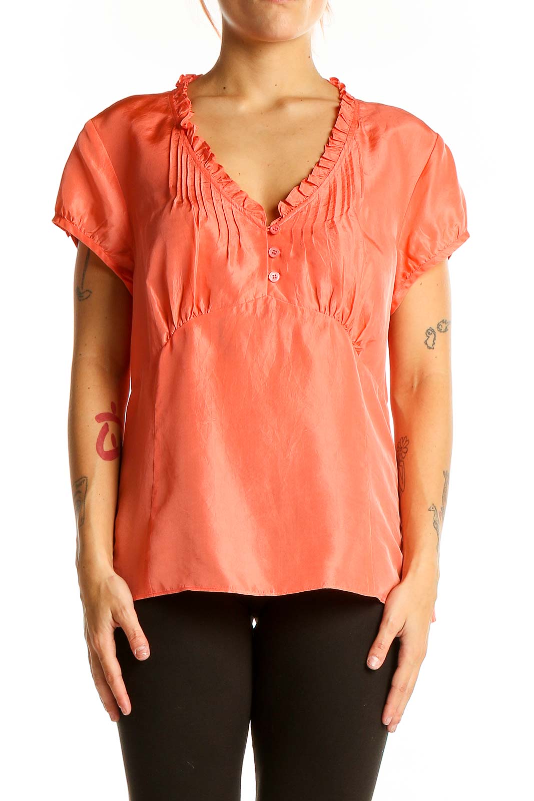 Front view of Ann Taylor coral silk blouse with ruffle-neck and pleated detail