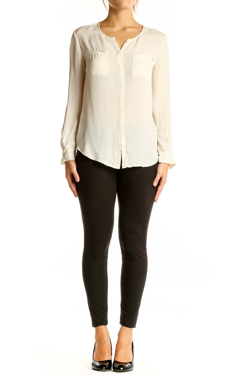 Front view of Joie ivory silk long-sleeve blouse with V-neckline