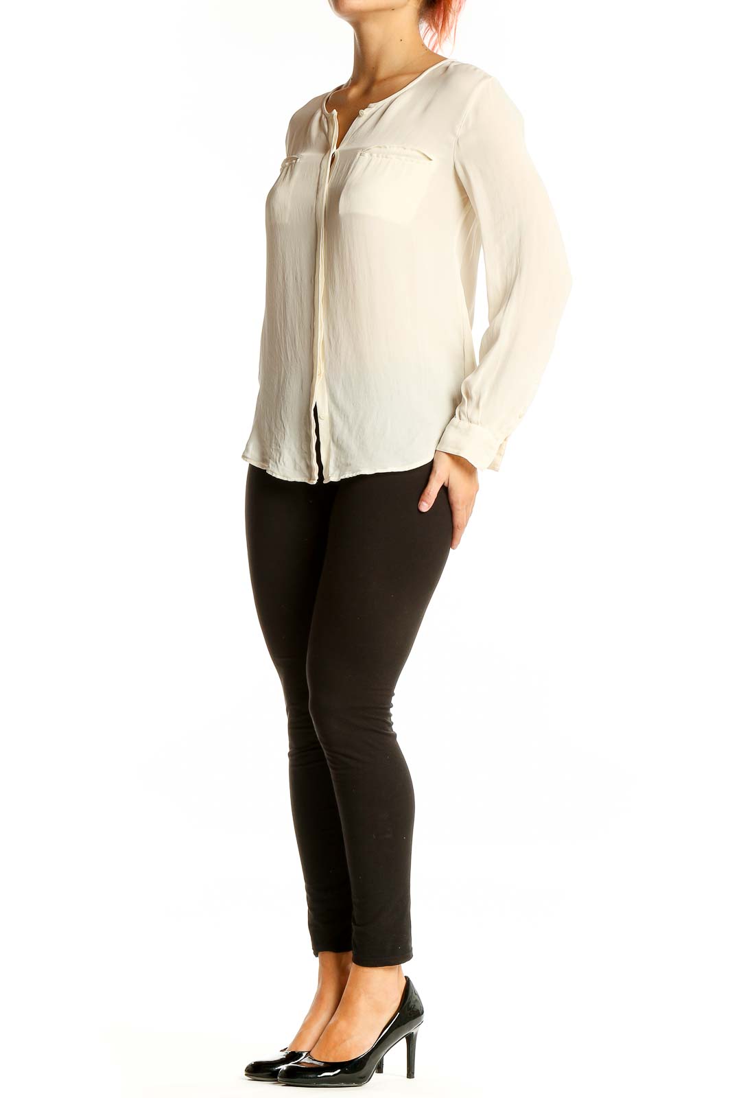 Front view of Joie ivory silk long-sleeve blouse with V-neckline