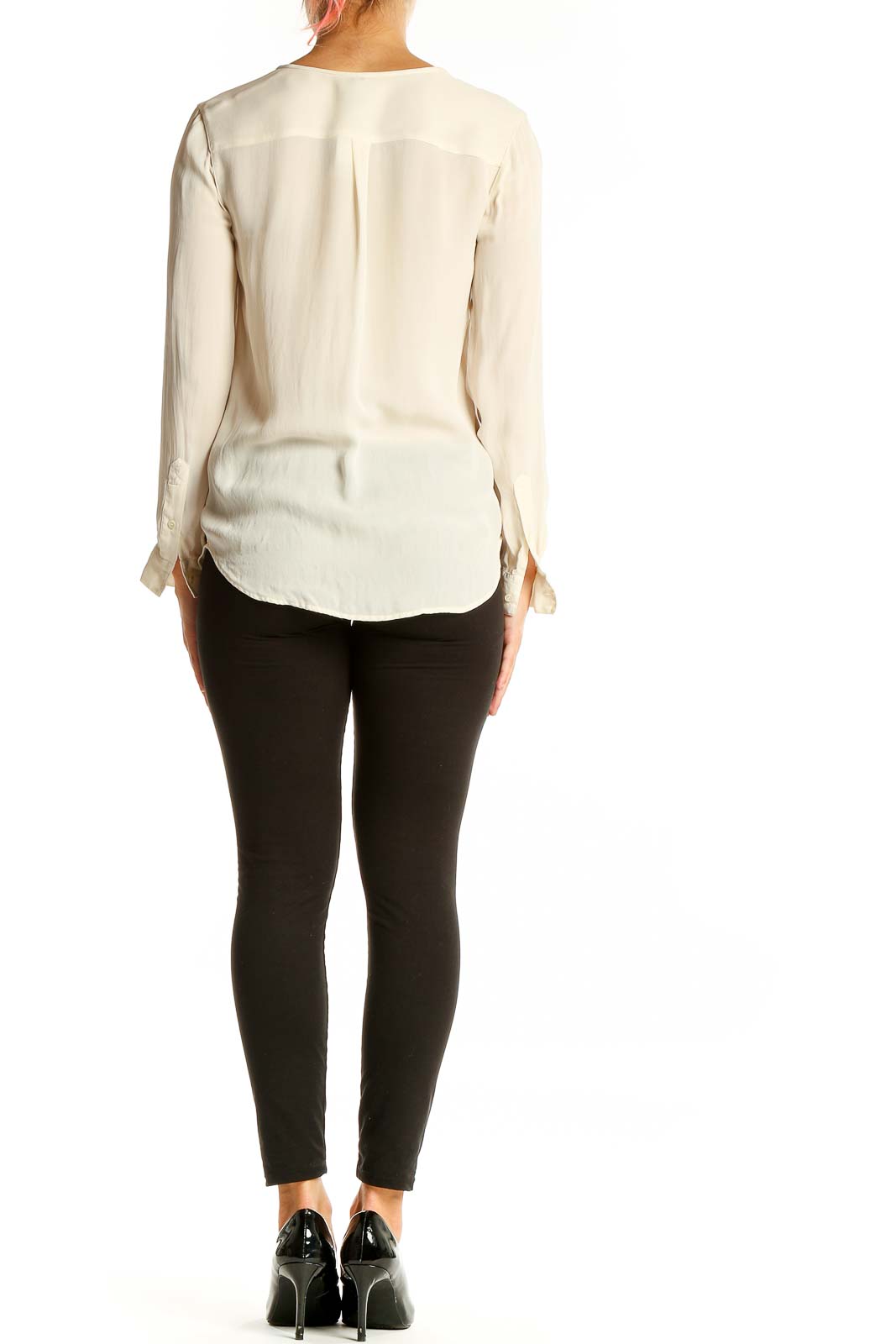 Back view of Joie ivory silk long-sleeve blouse showing relaxed fit