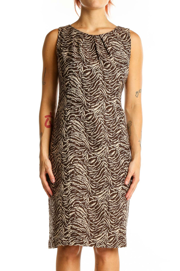 Front view of Ann Taylor brown zebra print sleeveless sheath dress