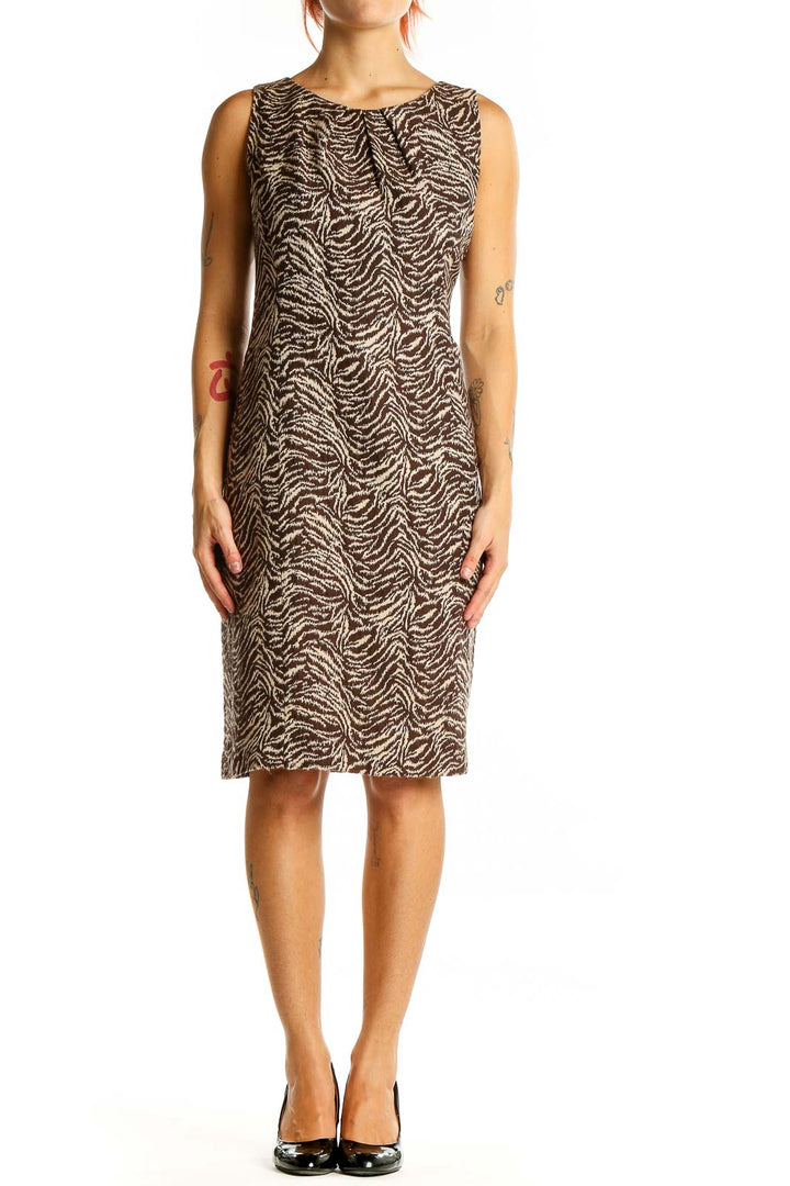 Front view of Ann Taylor brown zebra print sleeveless sheath dress