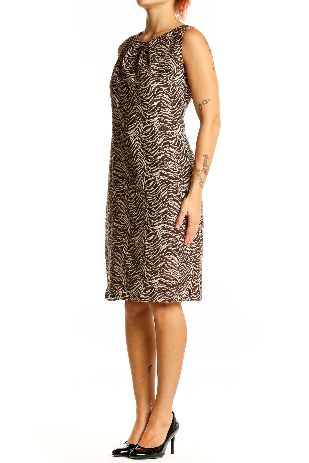 Front view of Ann Taylor brown zebra print sleeveless sheath dress