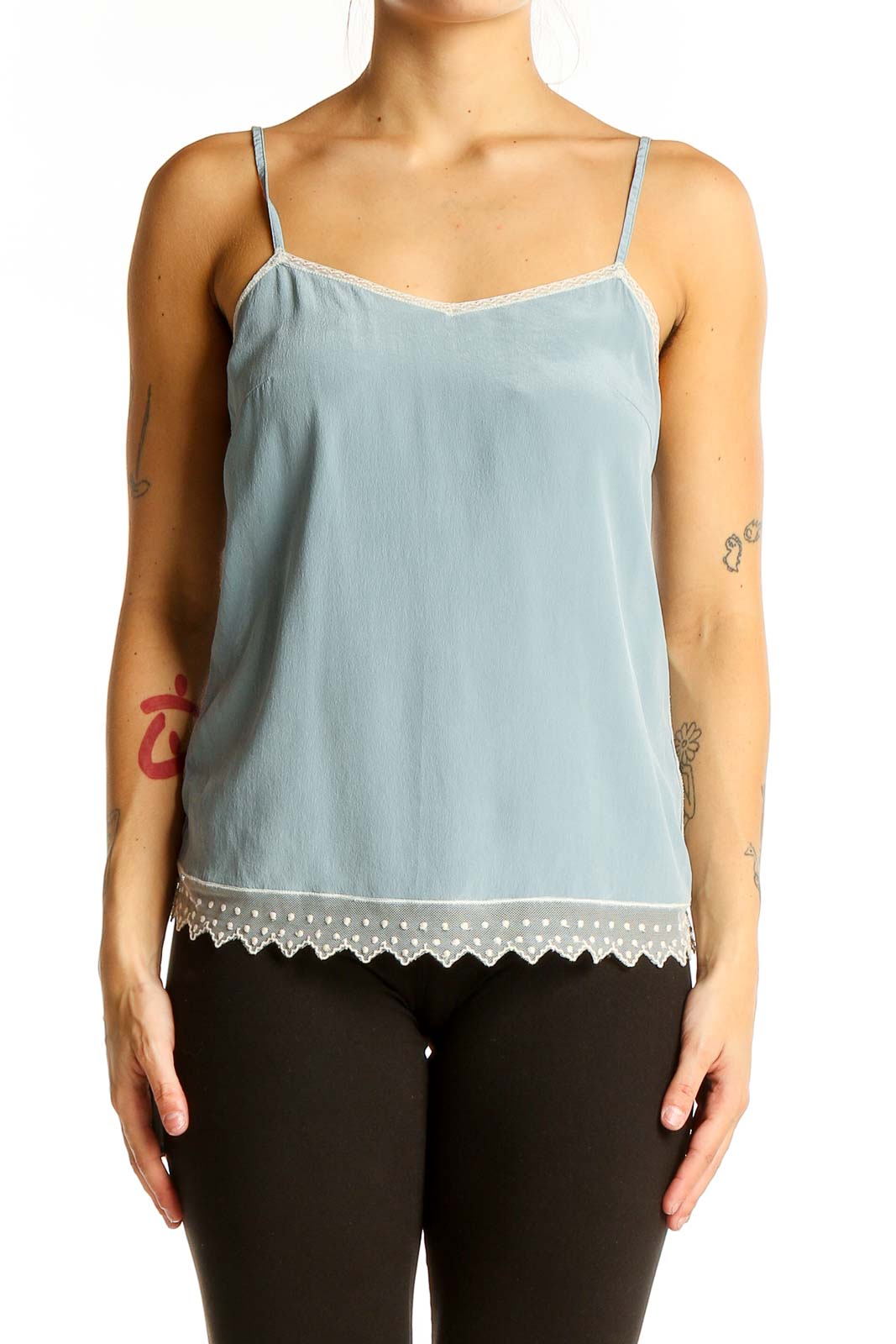 Front view of Zadig & Voltaire light blue silk camisole with lace trim