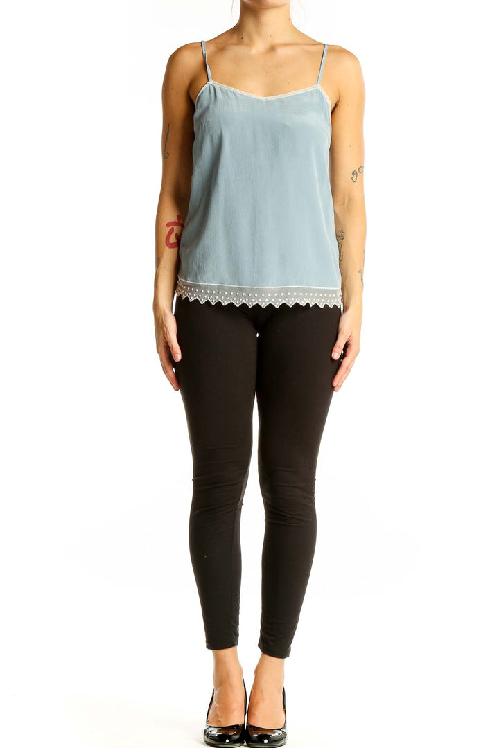 Front view of Zadig & Voltaire light blue silk camisole with lace trim