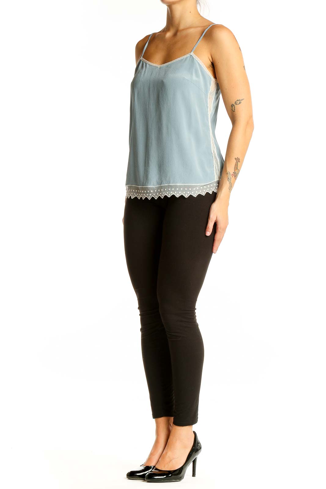 Front view of Zadig & Voltaire light blue silk camisole with lace trim