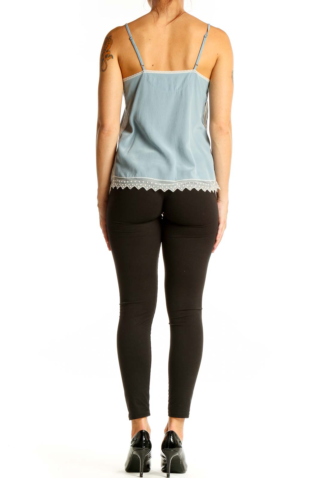 Back view of Zadig & Voltaire light blue silk camisole showing lace trim detail