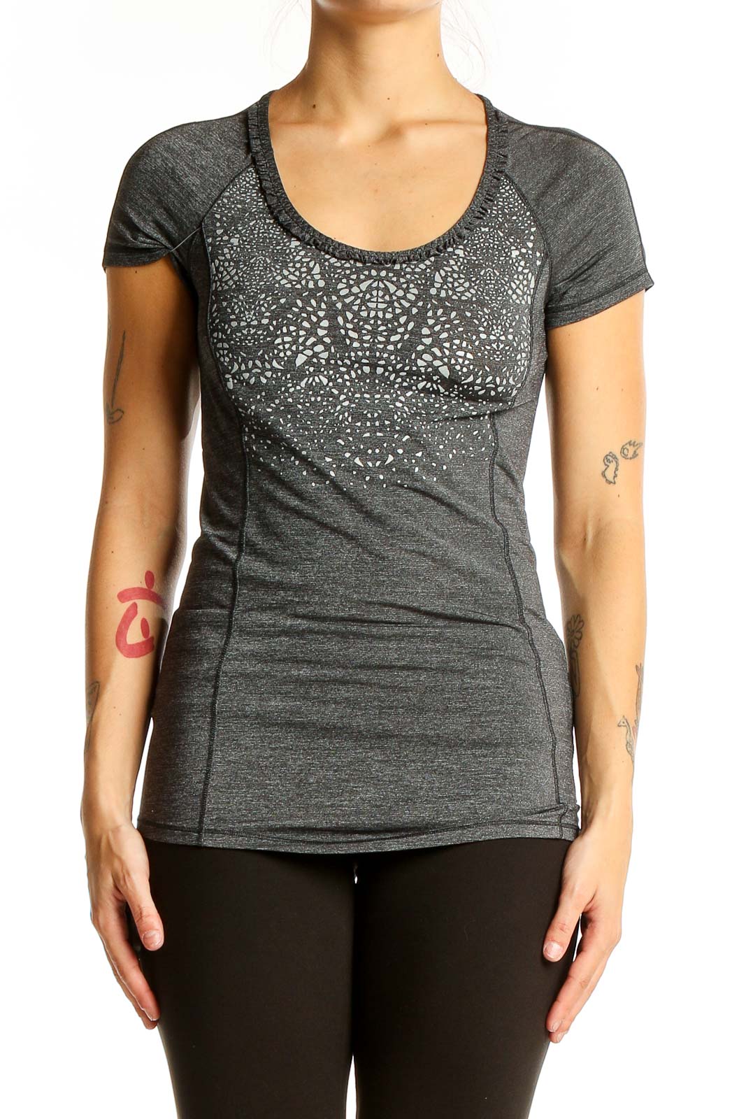 Front view of gray Lululemon performance top with patterned design