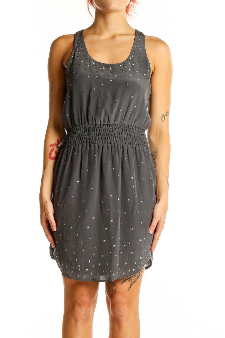 Front view of gray Club Monaco mini dress with silver starry pattern