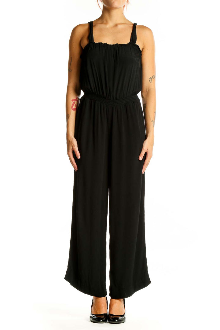 Front view of black Madewell wide-leg jumpsuit on model