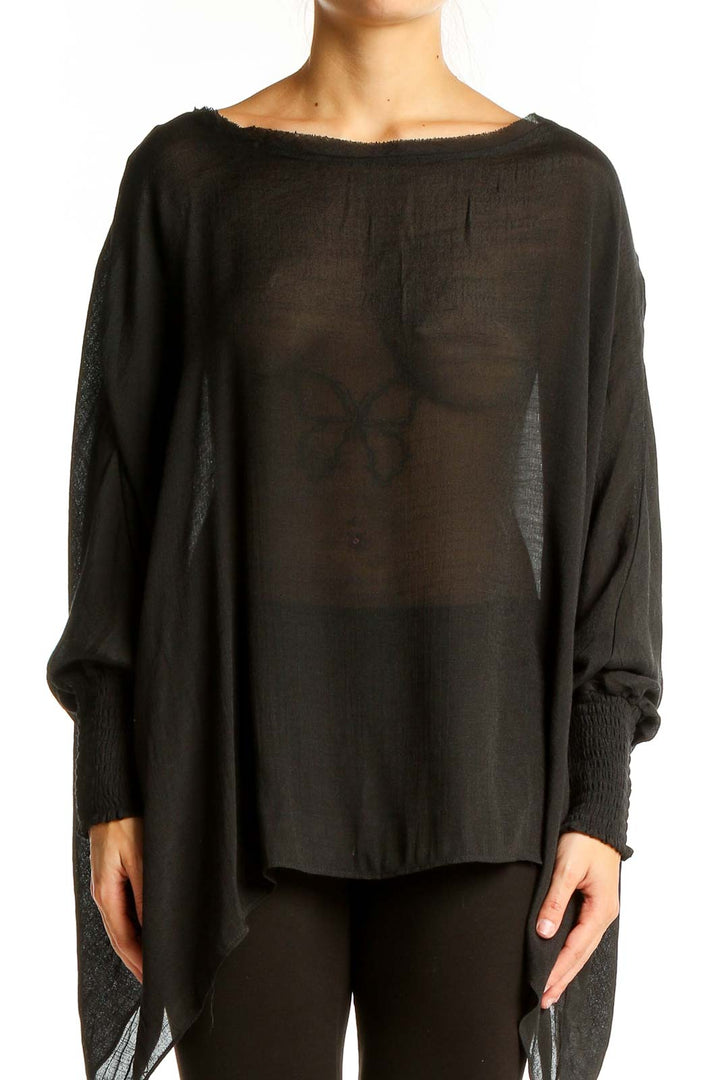 Front view of KLD Black Sheer Oversized Batwing Top on model