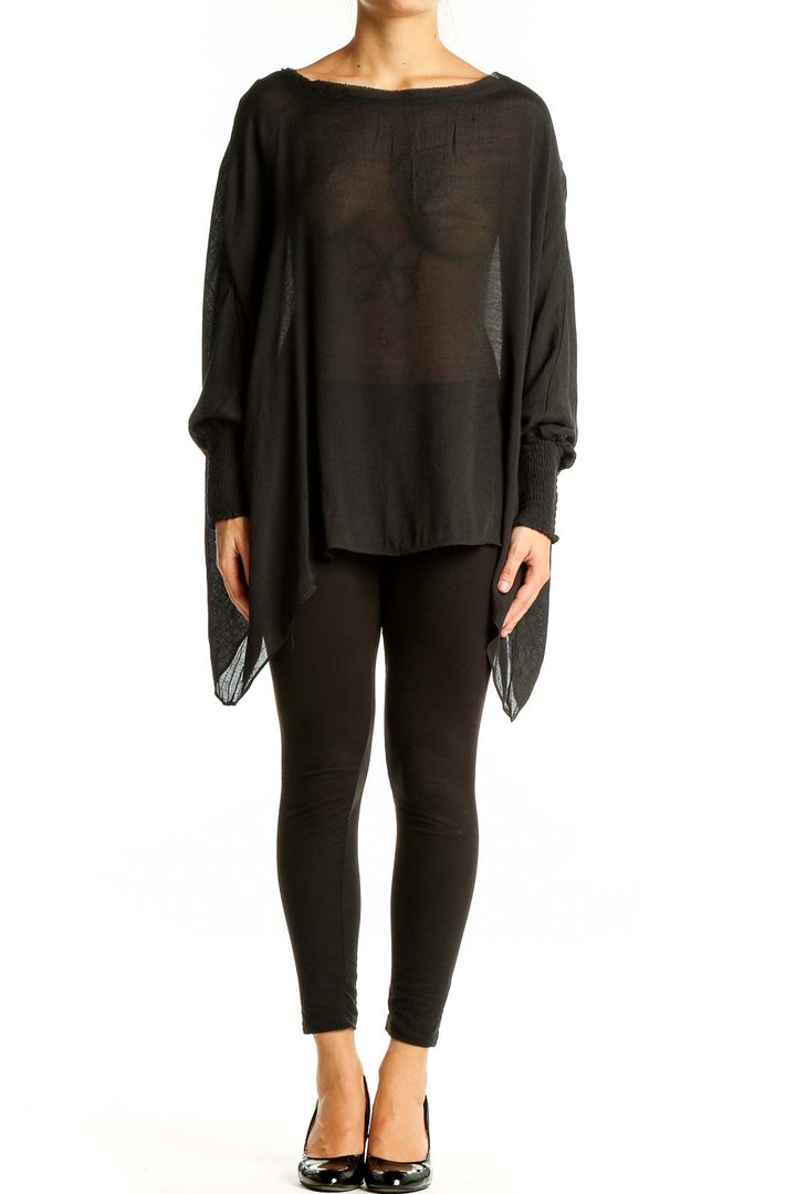 Front view of KLD Black Sheer Oversized Batwing Top on model