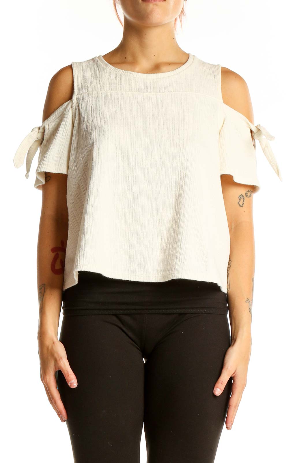 Front view of white Madewell cotton cold-shoulder top with tie details