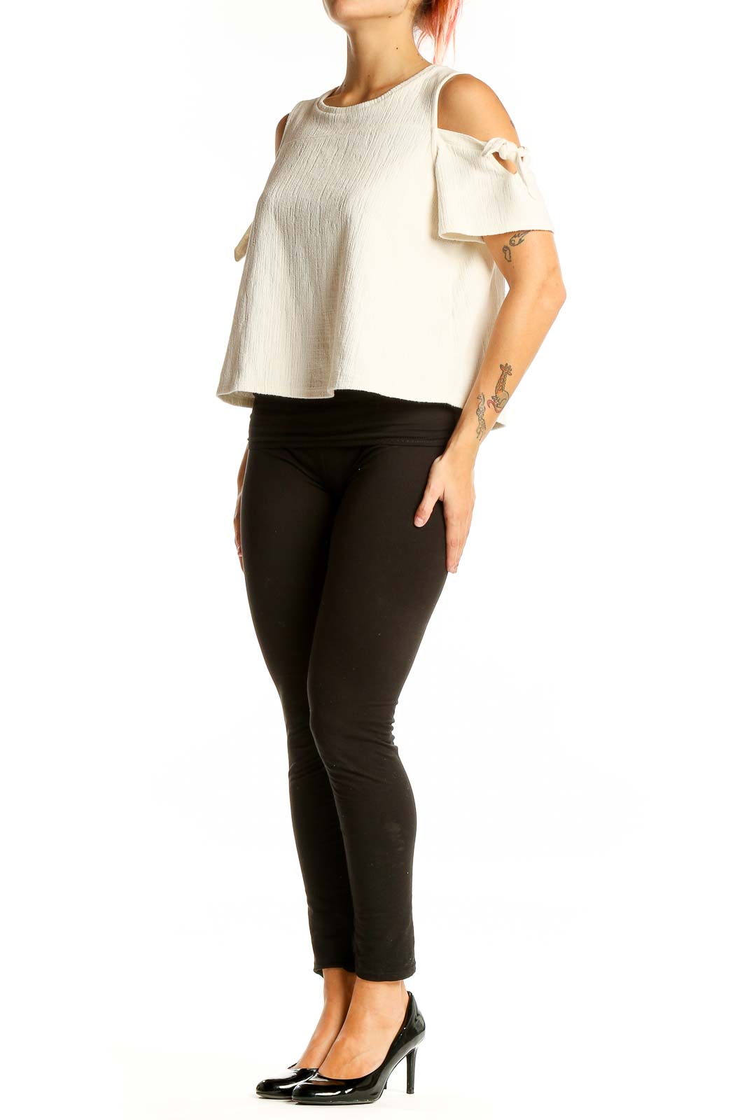 Front view of white Madewell cotton cold-shoulder top with tie details