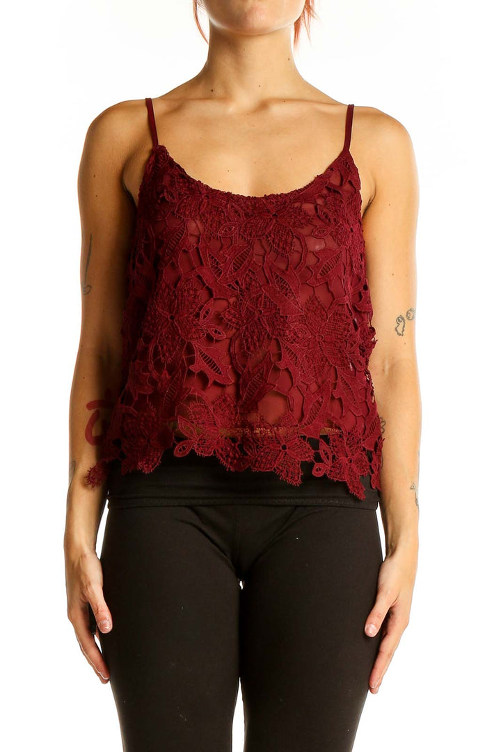 Front view of ASTR burgundy lace camisole top with floral pattern