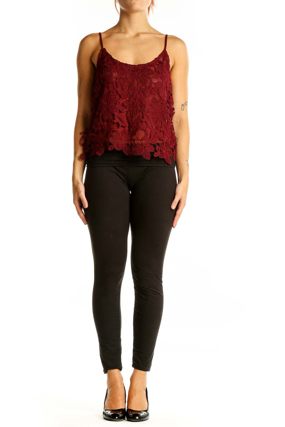 Front view of ASTR burgundy lace camisole top with floral pattern