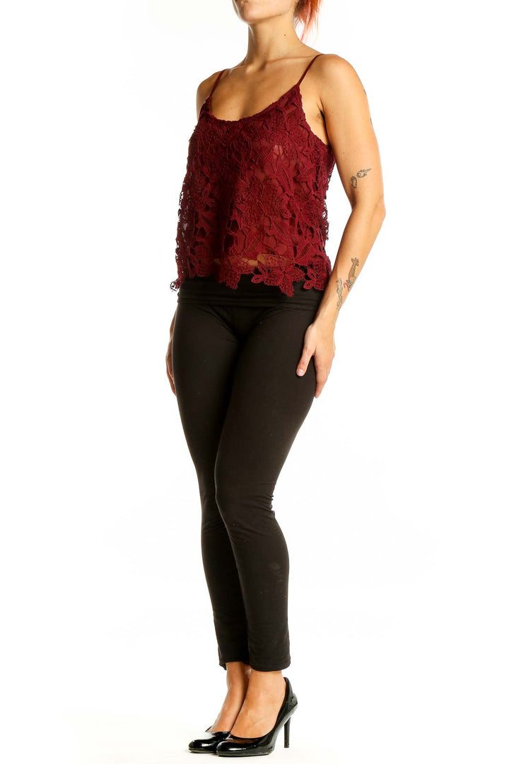 Front view of ASTR burgundy lace camisole top with floral pattern