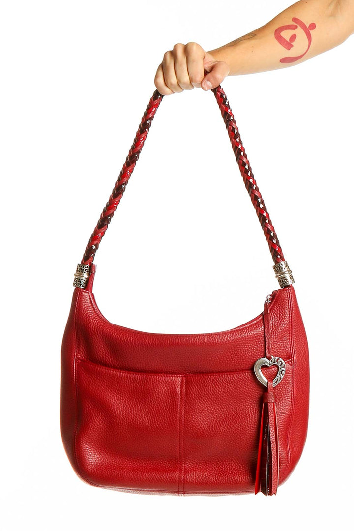 Front view of red leather Brighton hobo shoulder bag with braided strap