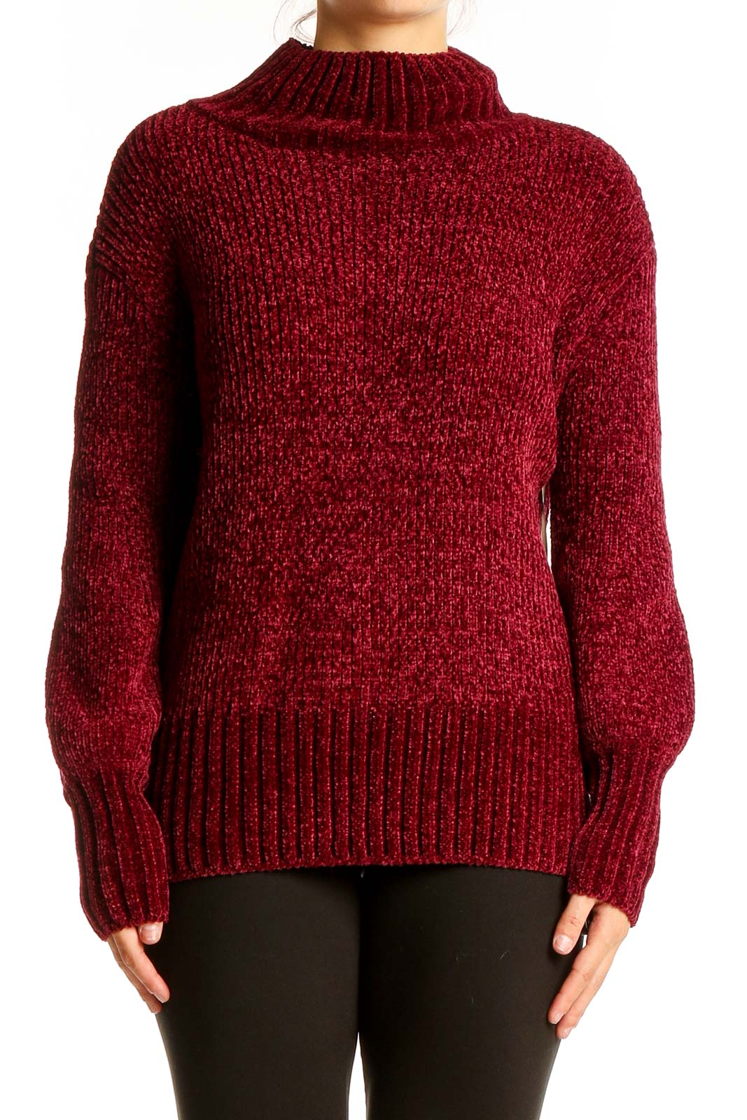 Front view of Cynthia Rowley burgundy chunky knit mock neck sweater