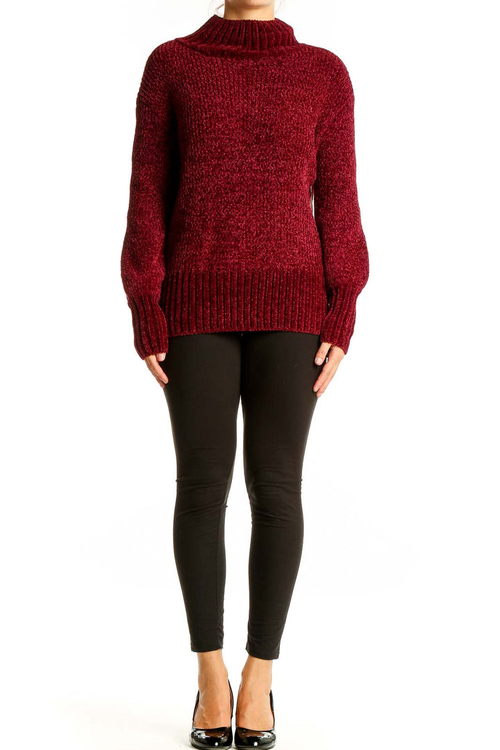 Front view of Cynthia Rowley burgundy chunky knit mock neck sweater