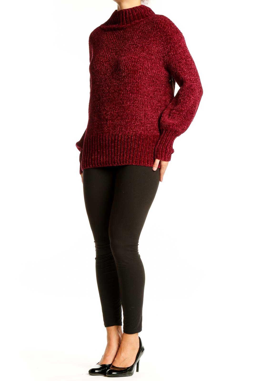 Front view of Cynthia Rowley burgundy chunky knit mock neck sweater