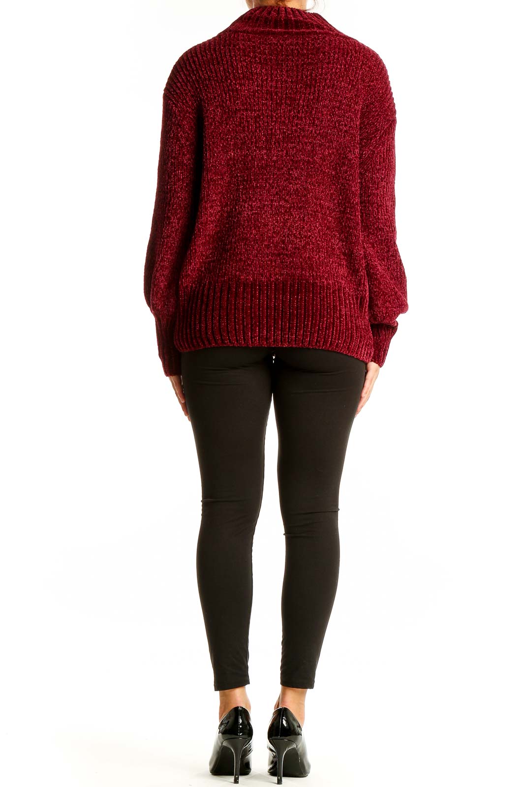 Back view of Cynthia Rowley burgundy chunky knit mock neck sweater