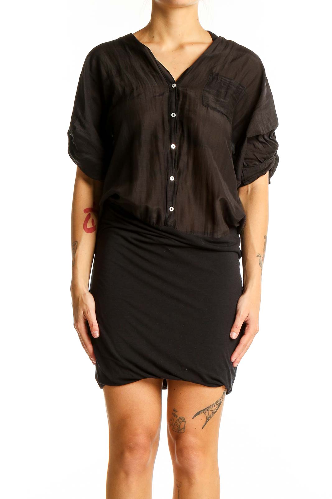 Front view of Splendid black button-down shirt dress with rolled-up sleeves