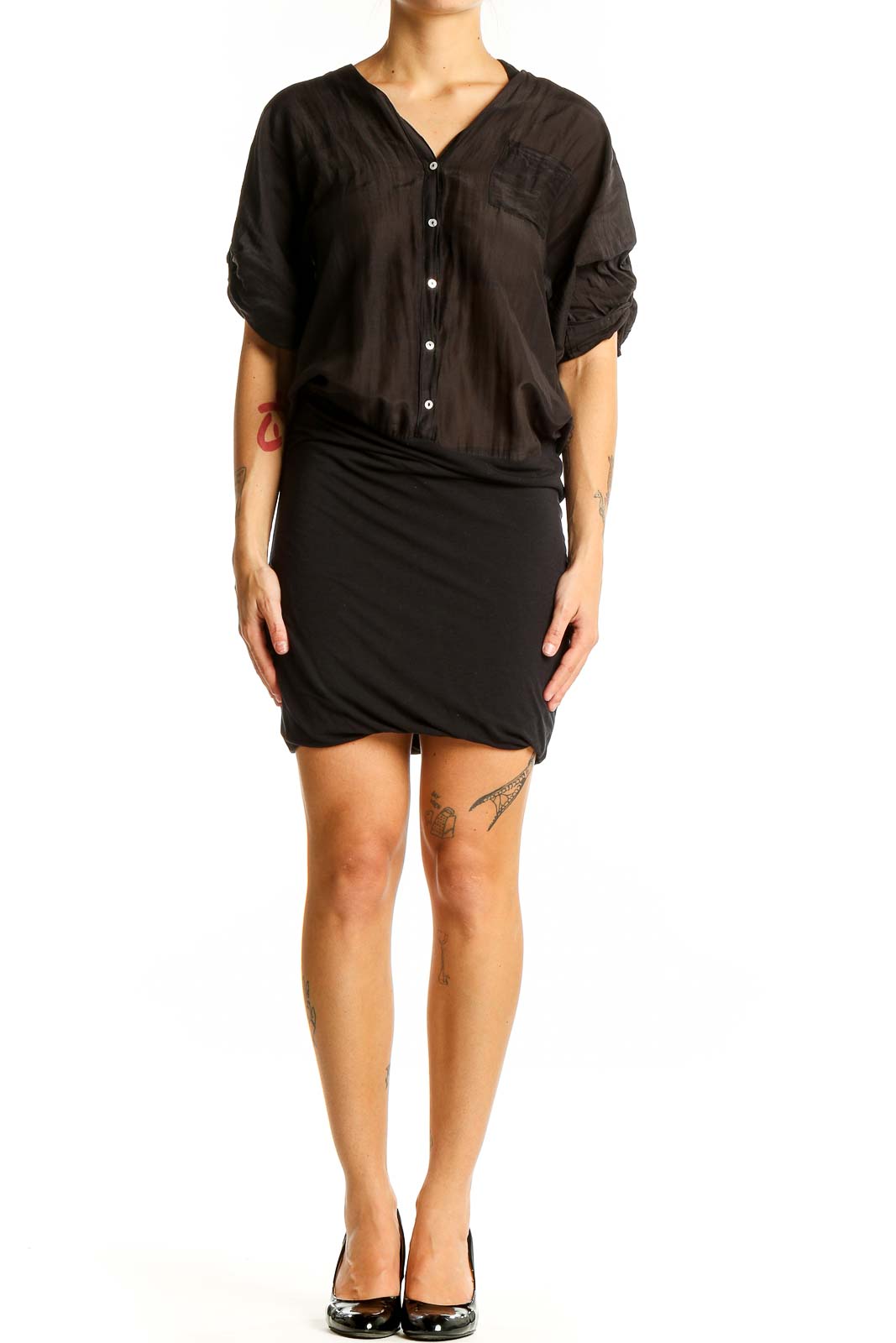 Front view of Splendid black button-down shirt dress with rolled-up sleeves