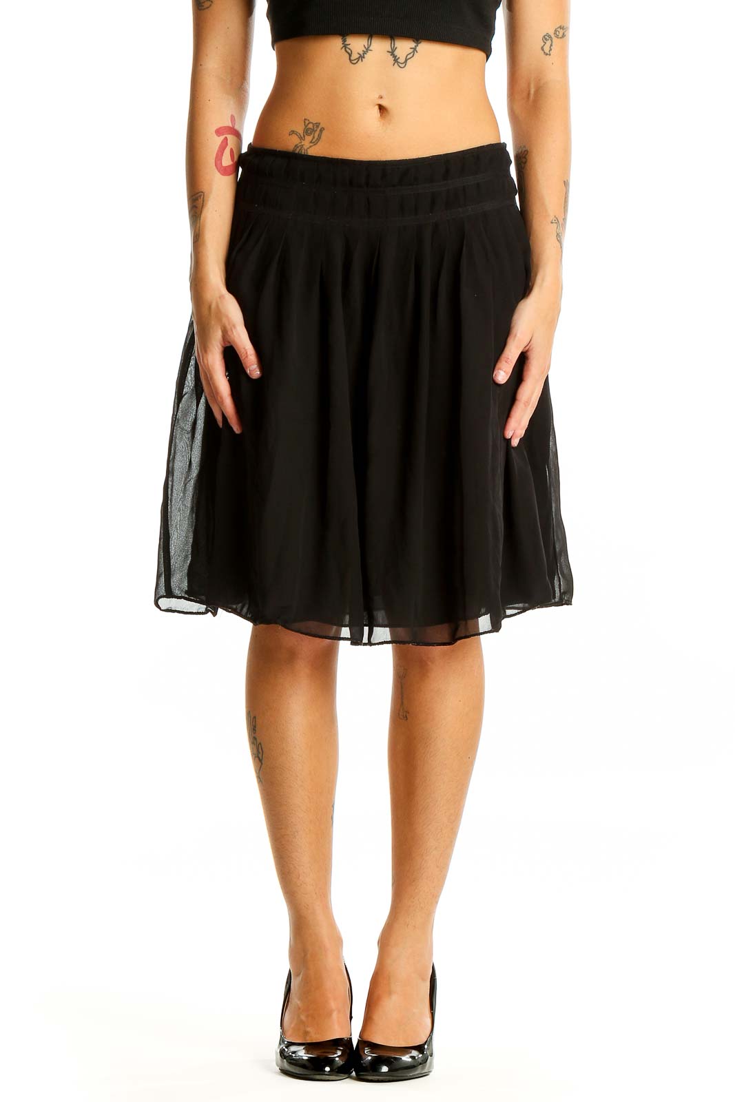 Front view of Max Studio black pleated chiffon knee-length skirt