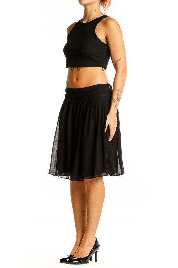 Front view of Max Studio black pleated chiffon knee-length skirt