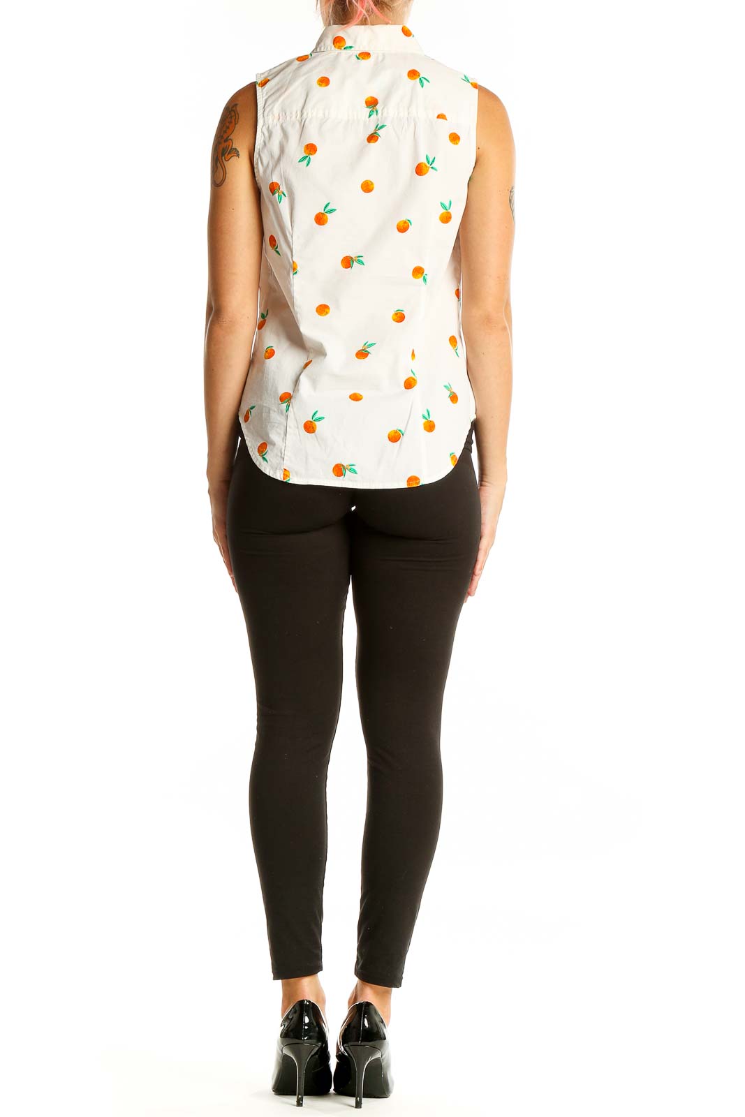 Back view of J.Crew white sleeveless button-up shirt with orange fruit print