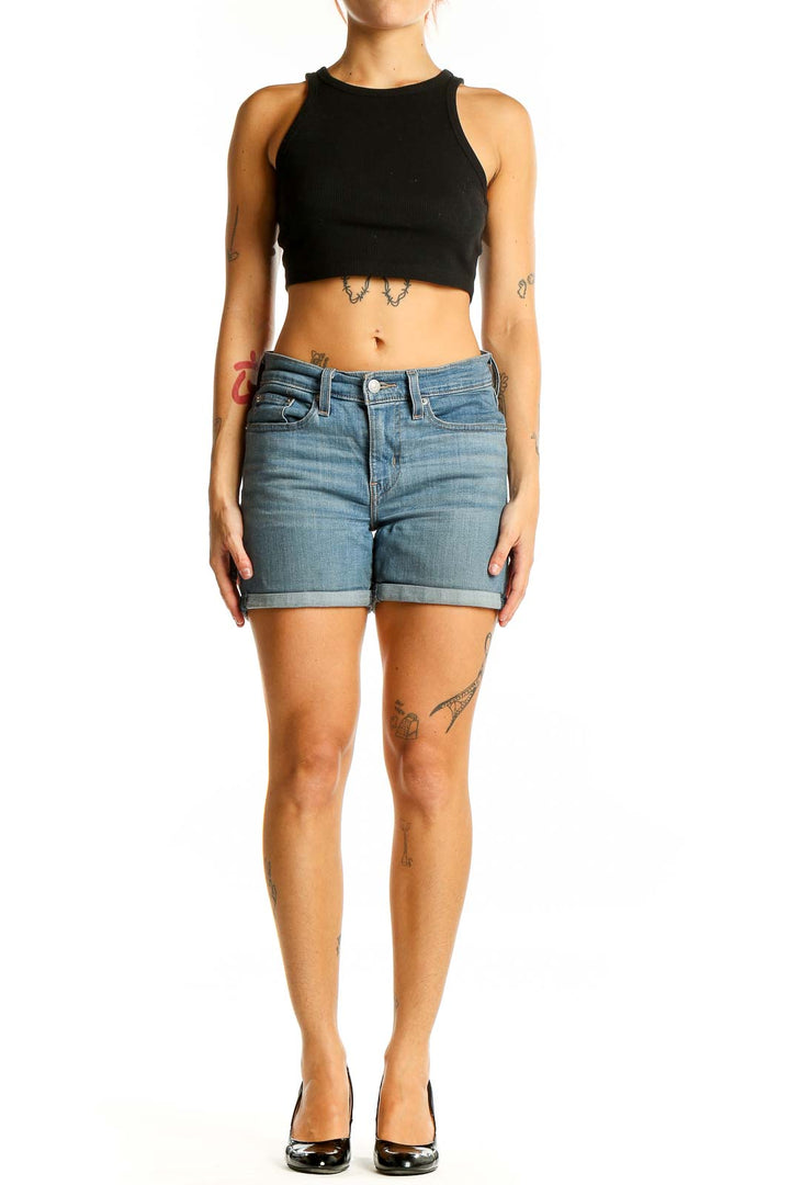 Front view of light blue Levi's denim shorts with cuffed hem