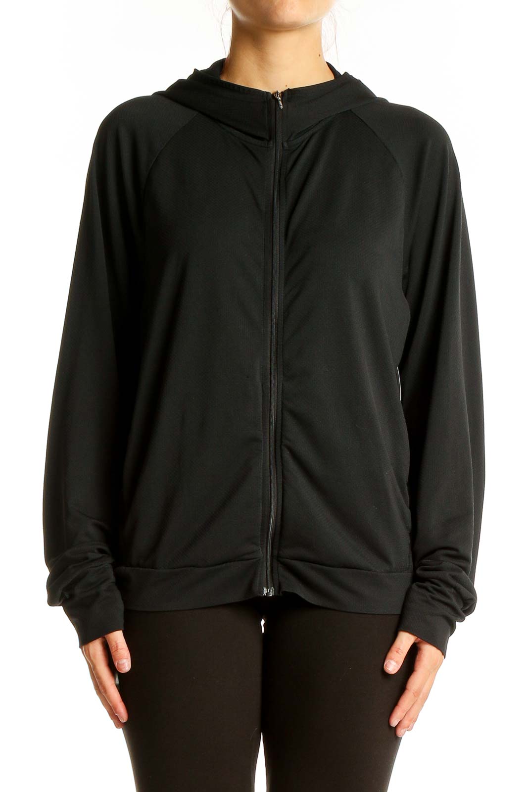 Front view of black Uniqlo zip-up hooded activewear jacket