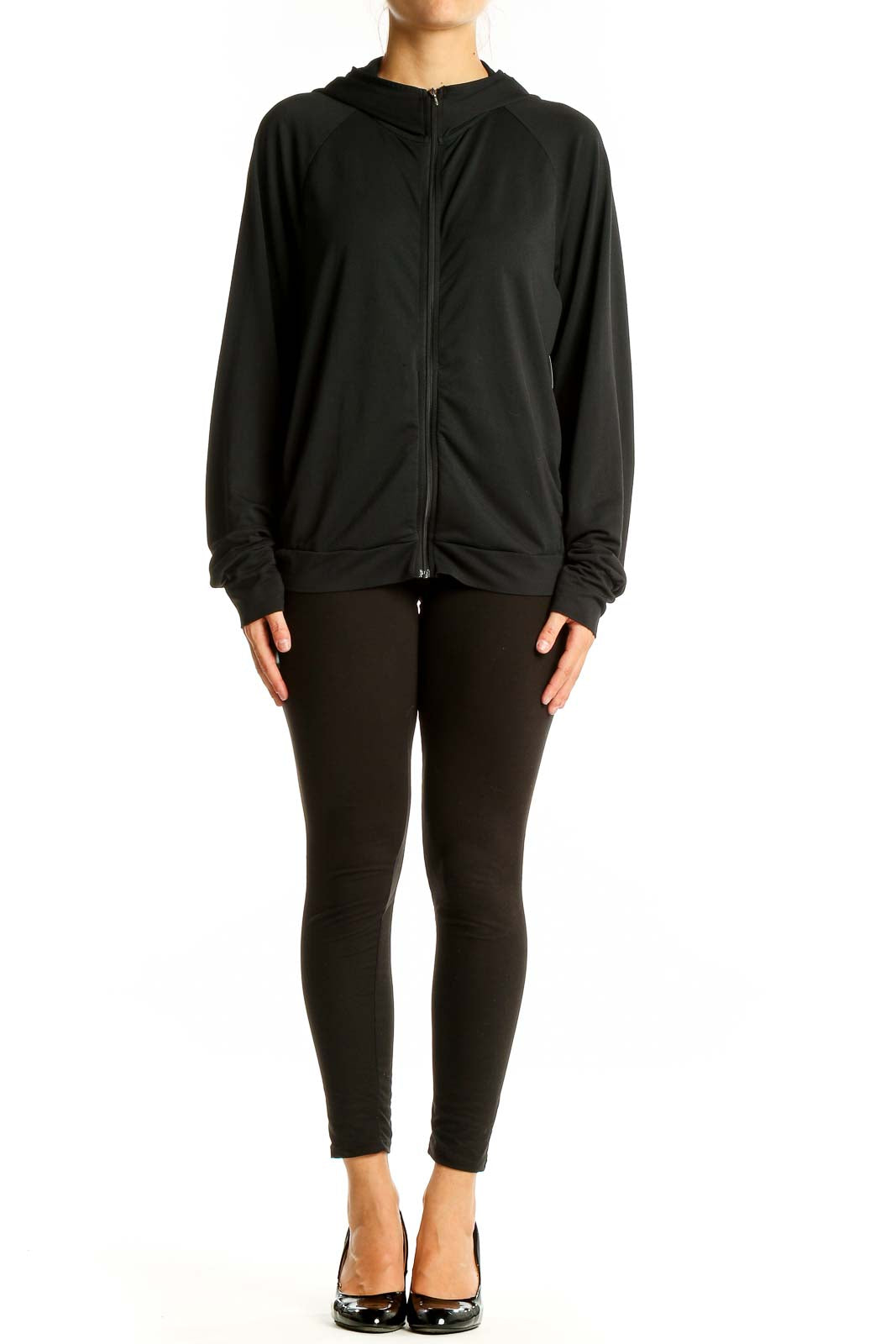 Front view of black Uniqlo zip-up hooded activewear jacket