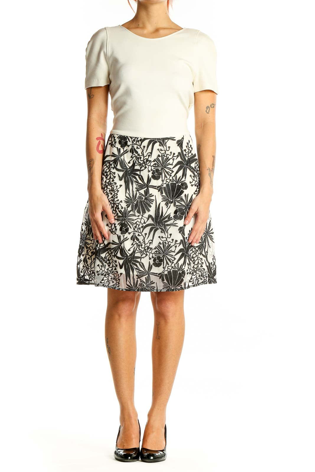 Front view of Maje white and black floral print A-line dress