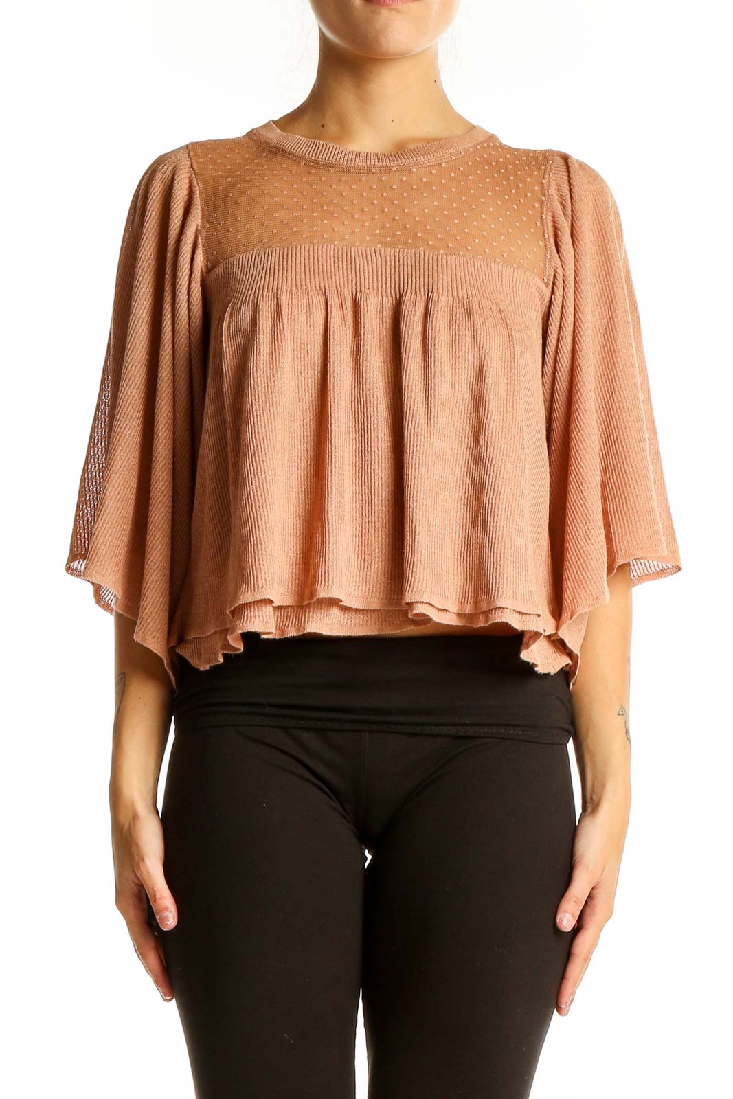 Front view of Zara blush cropped blouse with sheer dotted yoke