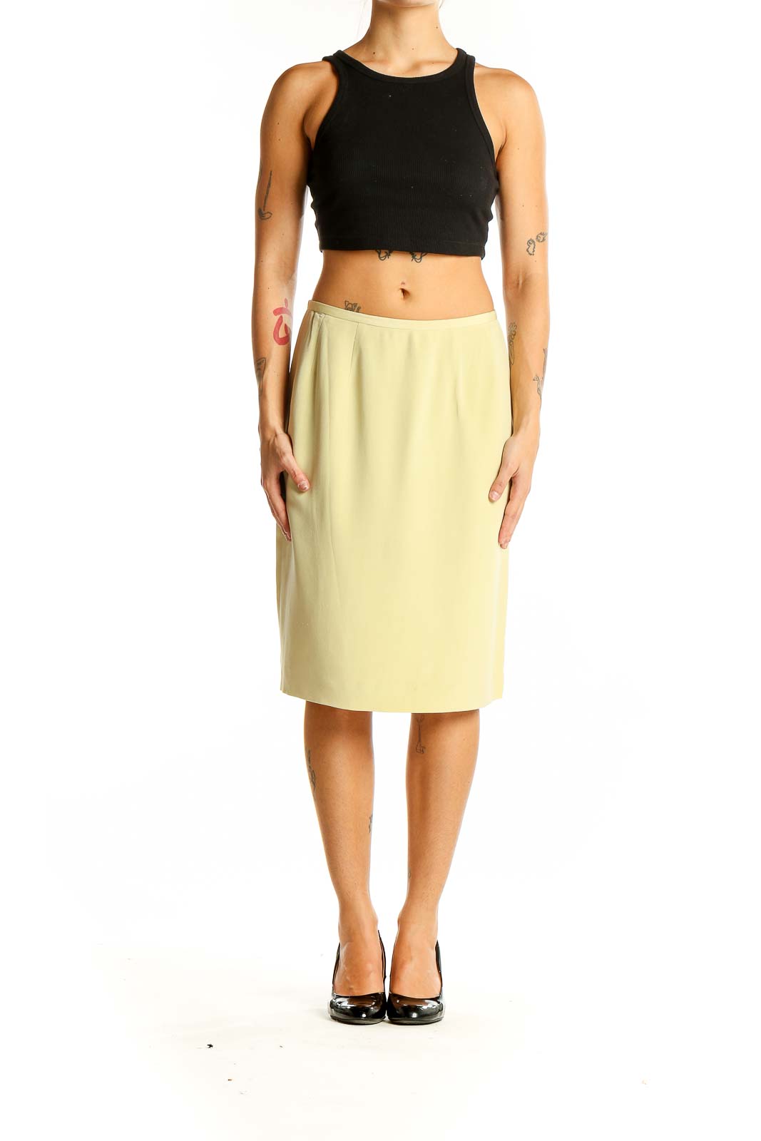 Front view of pale yellow Casual Corner pencil skirt